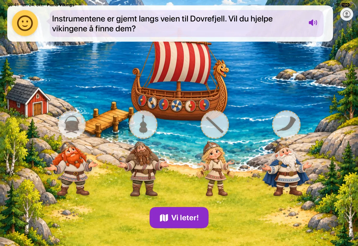 Vikingene på stranden ved fjorden, foran vikingskipet